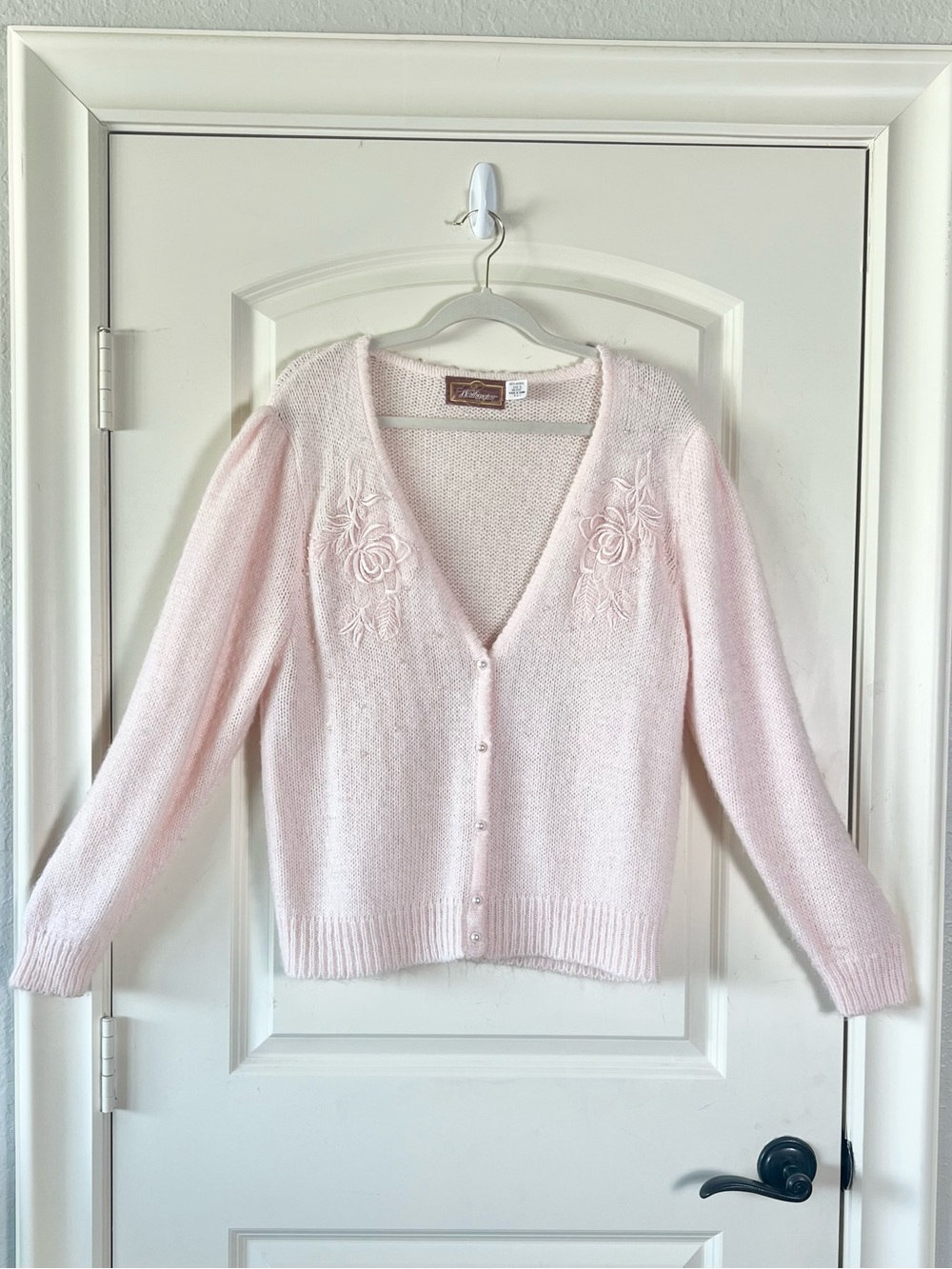 Vintage Worthington Pink Embroidered Beaded Cardigan Sweater Large Cottagecore